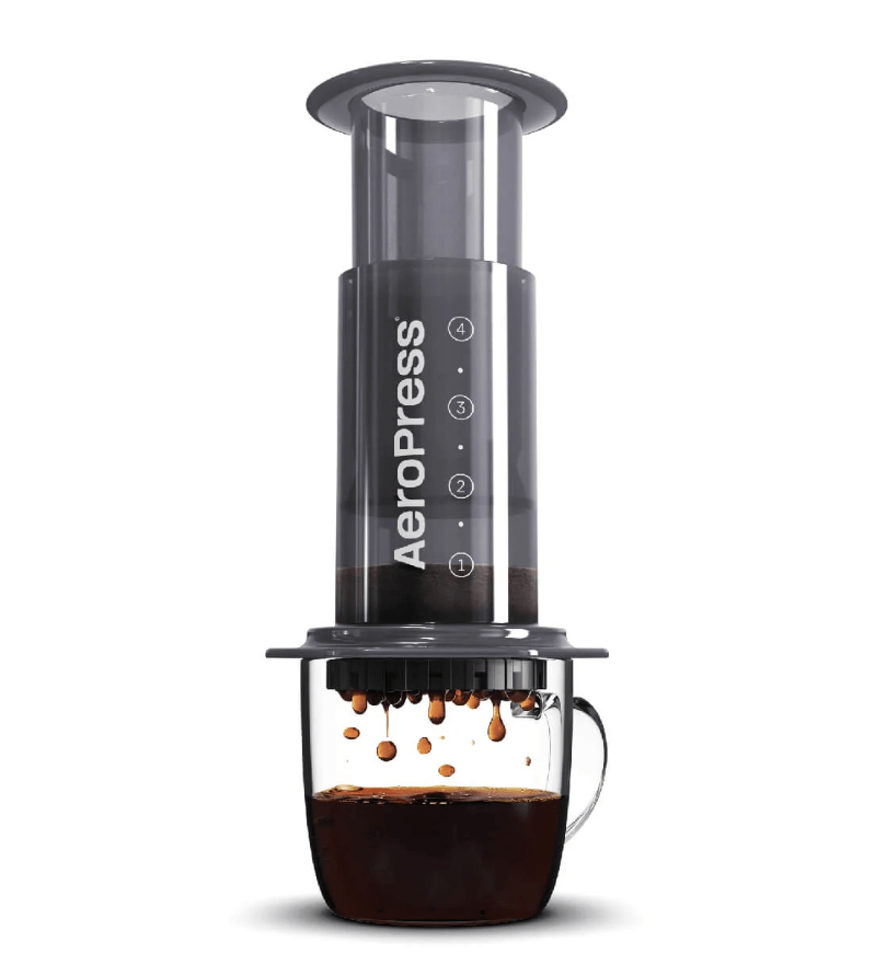 The AeroPress original with coffee inside.